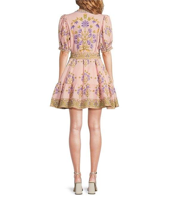 A Loves A Floral Woven Linen Round Neck Short Bubble Sleeve Button Front Tie at Waist A-Line Flounce Mini Dress Product Image