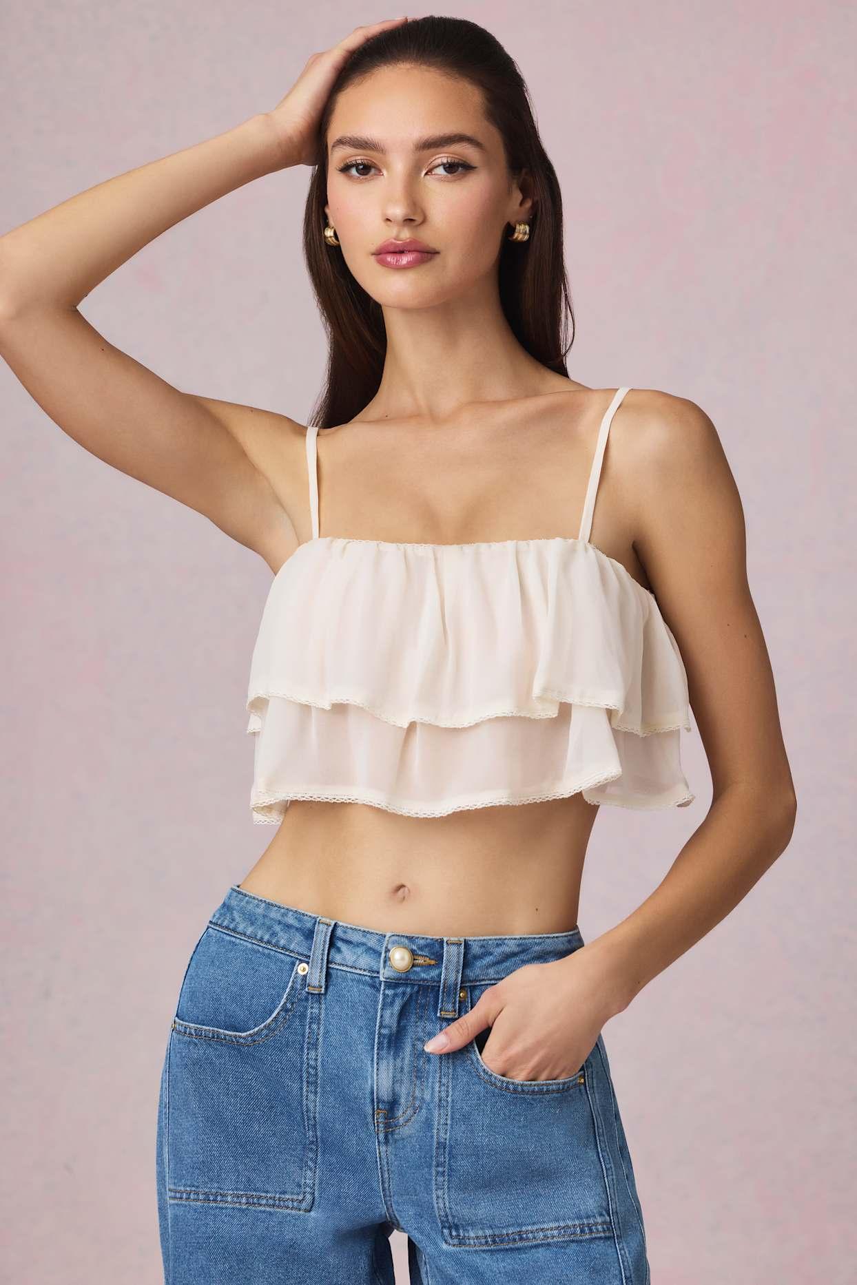 Ruffled Cropped Camisole Top in Ivory Product Image