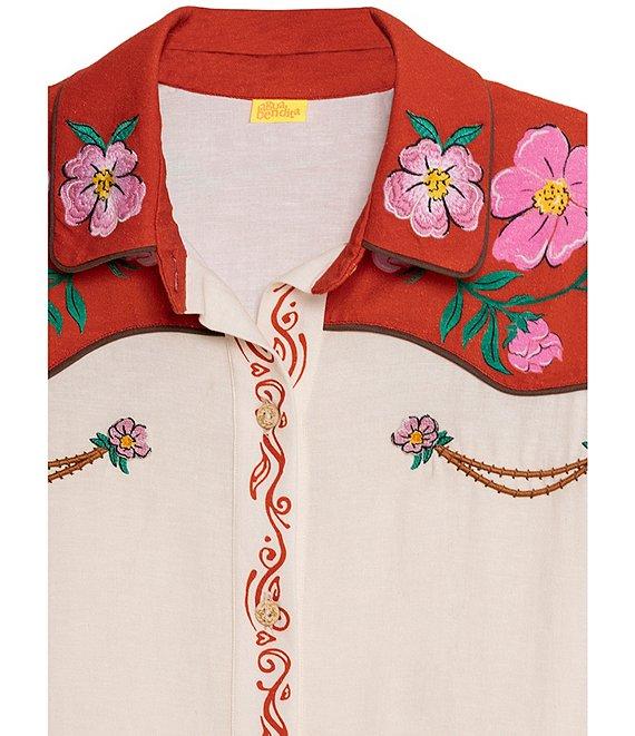 Agua Bendita Chrissy Nopal Floral Embroidered Point Collar 3/4 Sleeve Button Up Top Product Image
