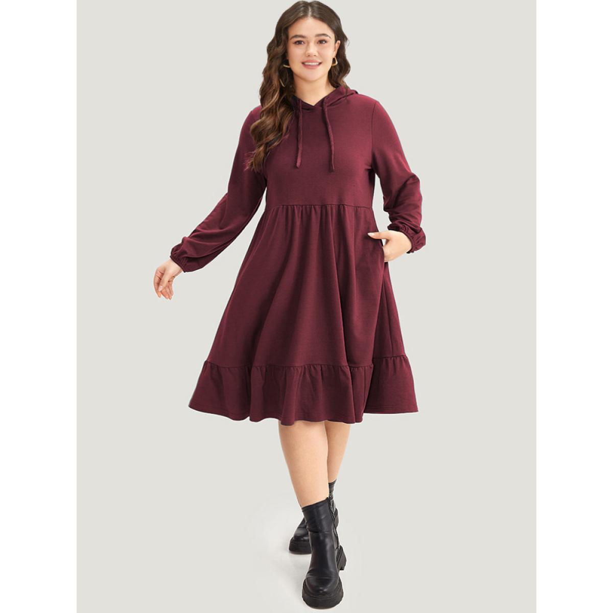 Plus Size Hooded Lantern Sleeve Flutter Hem Dress Scarlet Women Casual Elastic cuffs Hooded Long Sleeve Curvy Midi Dress BloomChic 12/L Product Image