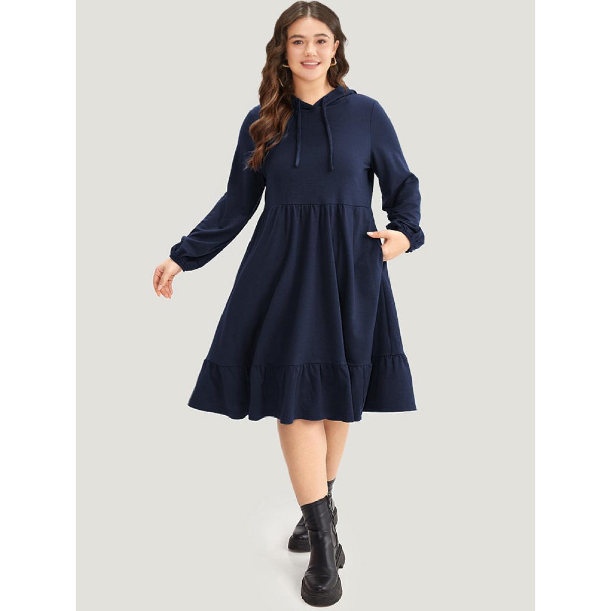 Plus Size Hooded Lantern Sleeve Flutter Hem Dress Indigo Women Casual Elastic cuffs Hooded Long Sleeve Curvy Midi Dress BloomChic 30/6X Product Image