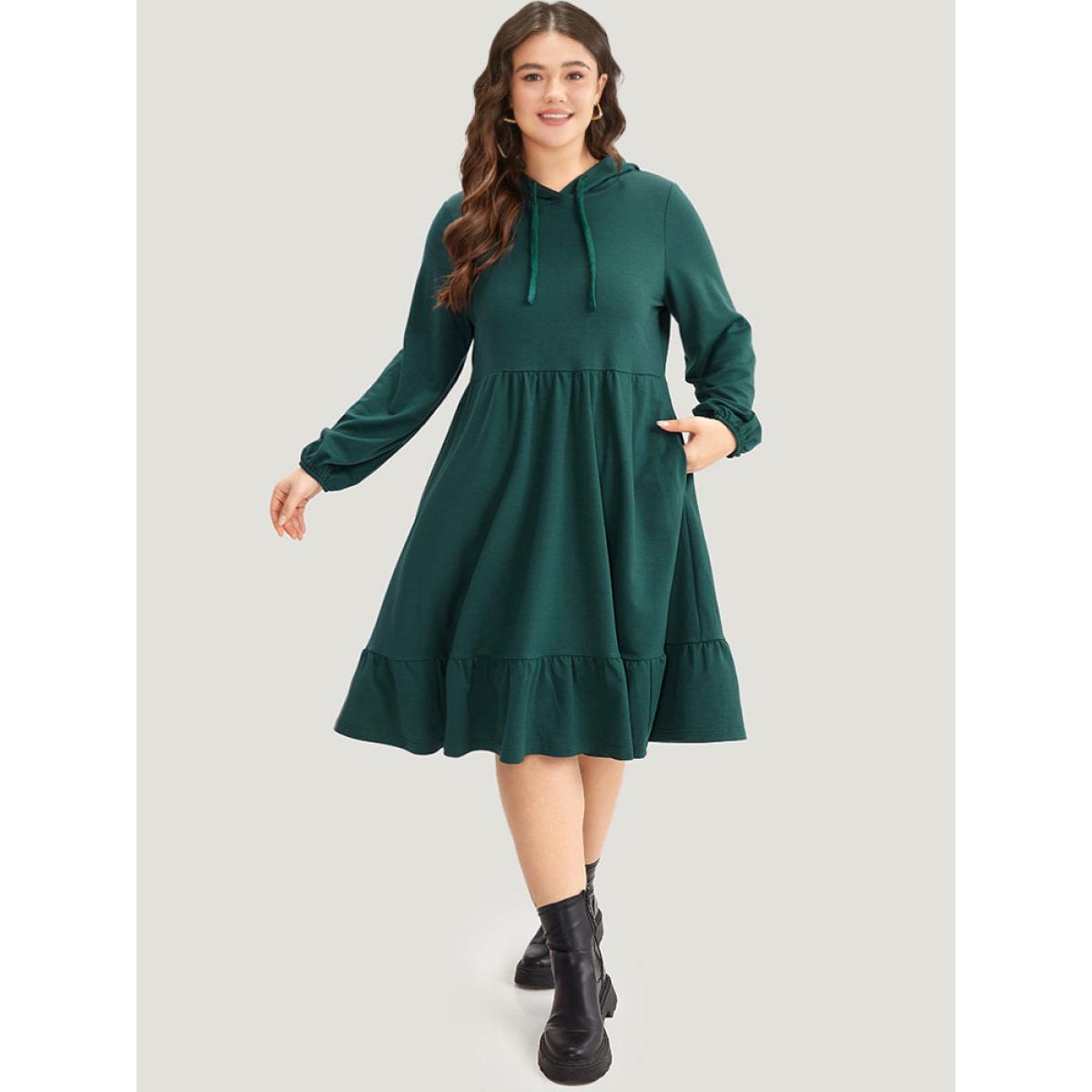 Plus Size Hooded Lantern Sleeve Flutter Hem Dress Scarlet Women Casual Elastic cuffs Hooded Long Sleeve Curvy Midi Dress BloomChic 12/L Product Image