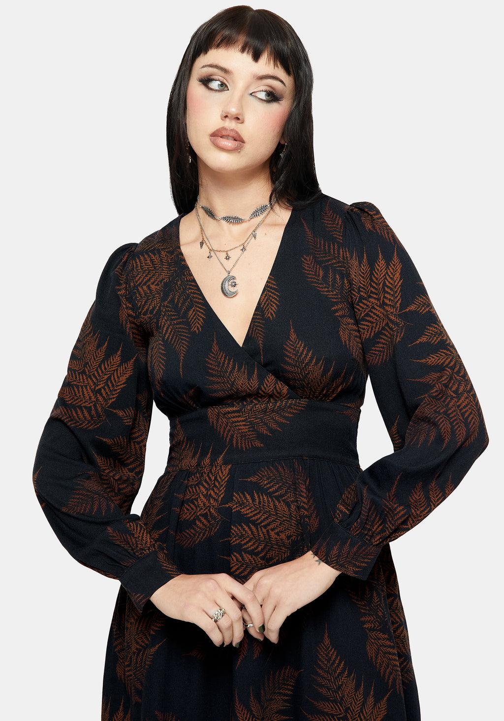 Ruin Fern Printed V-Neck Mini Dress - Brown Product Image
