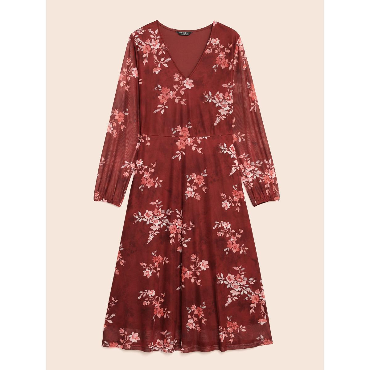 Plus Size Floral See Through Gathered Dress Burgundy Women Elegant Gathered V-neck Long Sleeve Curvy BloomChic 10/M Product Image