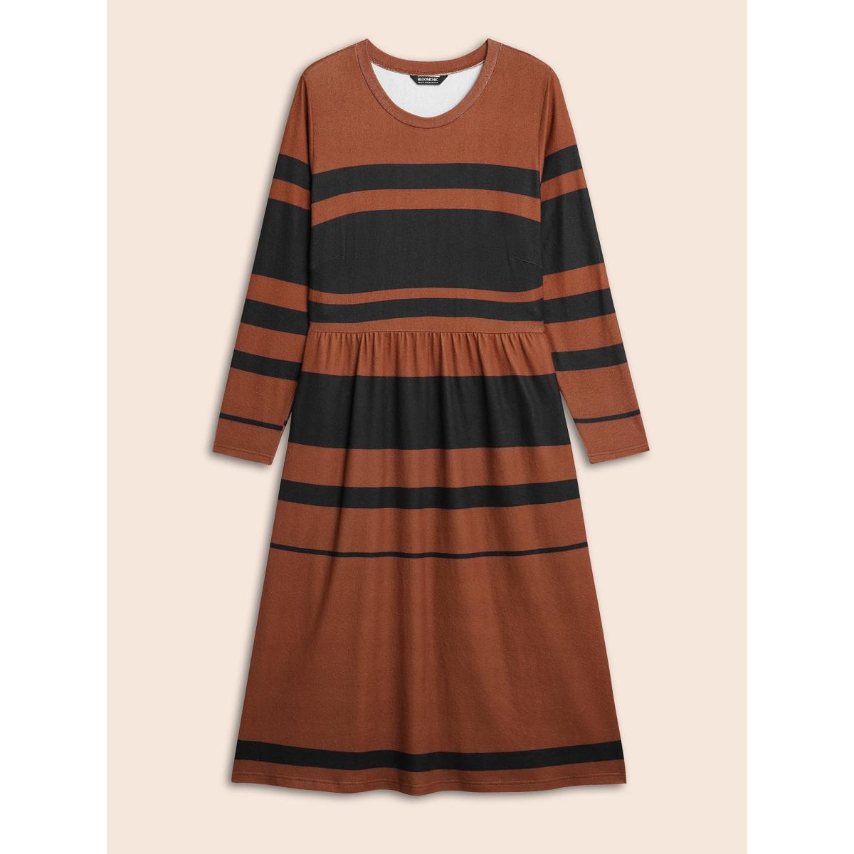 Plus Size Crew Neck Striped Patchwork Elastic Waist Dress Maroon Women At the Office Contrast Round Neck Long Sleeve Curvy BloomChic 30/6X Product Image