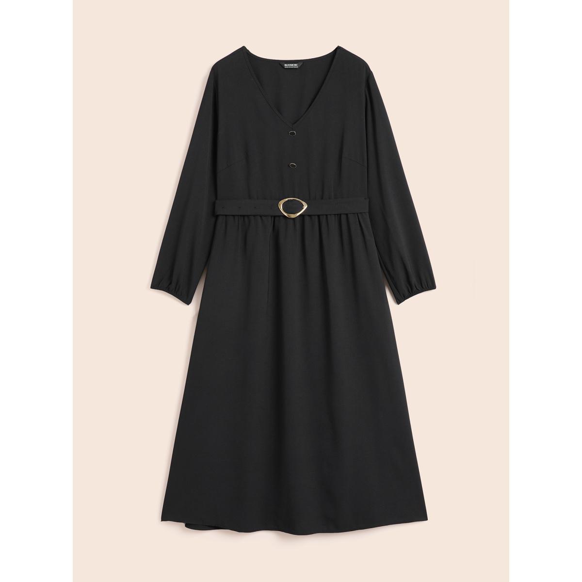 Plus Size V Neck Button Detail Belted Dress Black Women At the Office Belted V-neck Long Sleeve Curvy BloomChic 12/L Product Image
