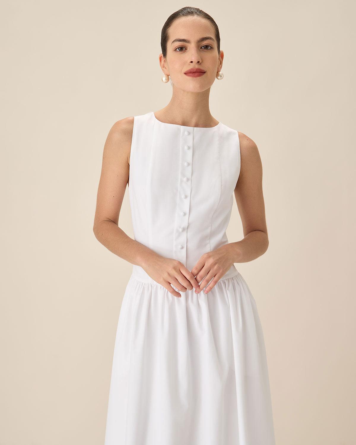 White Round Neck Pocket Maxi Dress Product Image