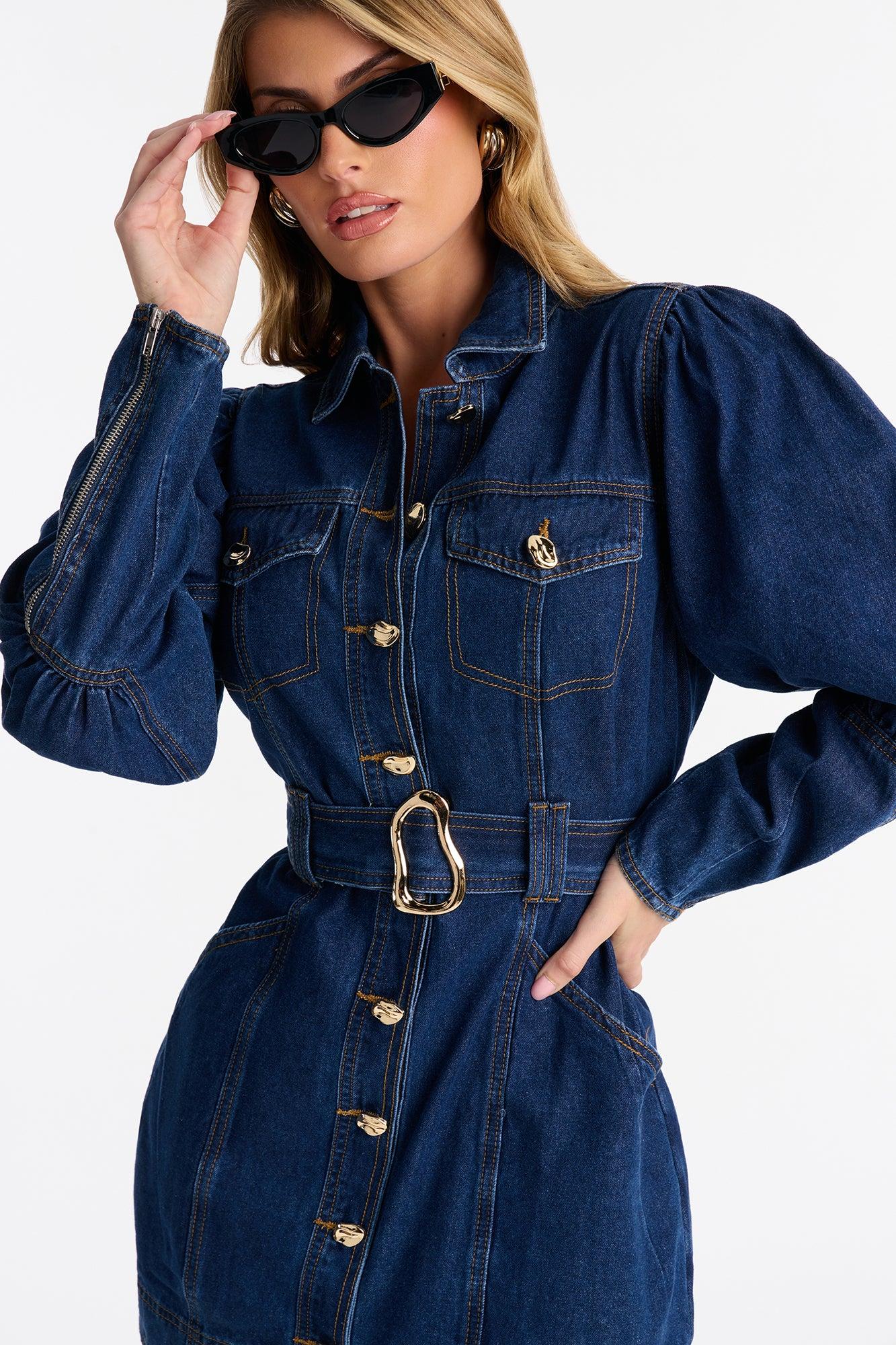 Ready To Ride Belted Denim Mini Dress - Dark Wash Female Product Image