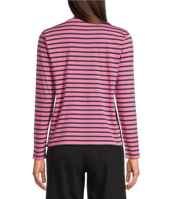 FRANCES VALENTINE Pima Cotton Crew Neck Long Sleeve Stripe Print Tee Shirt Product Image