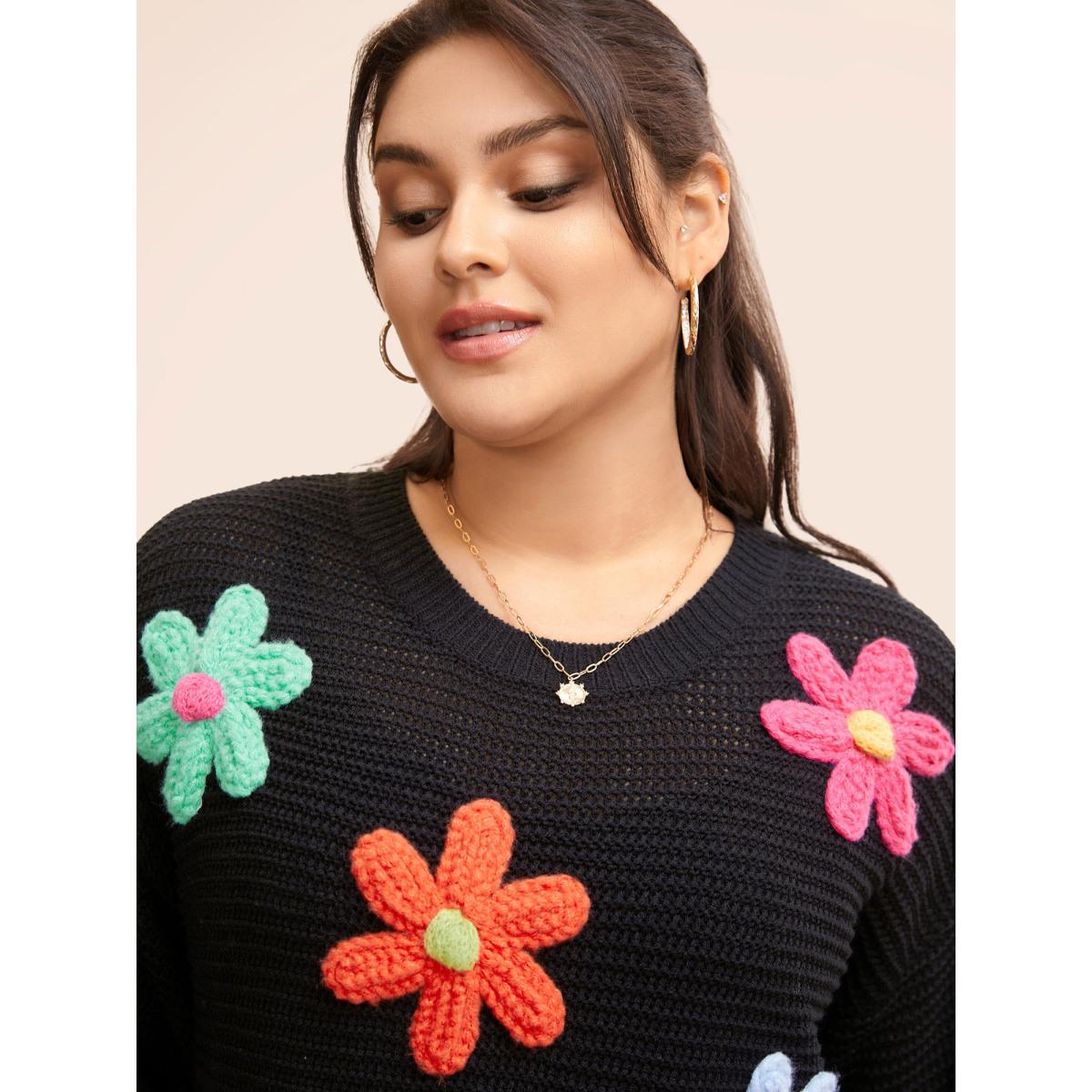 Plus Size Colored Crochet Floral Drop Shoulder Sleeve Pullover Black Women Casual Loose Three Quater Length Sleeve Round Neck Everyday Pullovers BloomChic 12/L Product Image