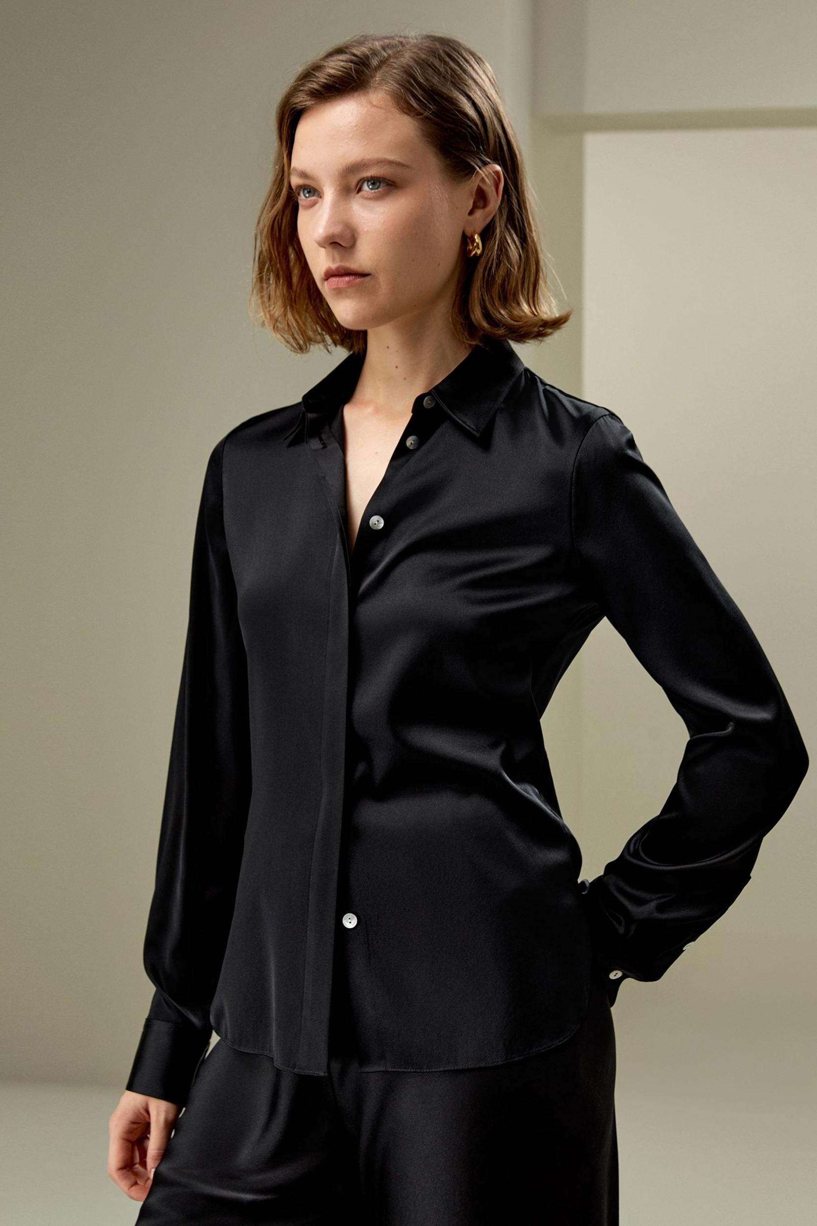 LILYSILK Silk Shirt Women - Black Natural Silk - Gorgeous Hidden Placket Tops XS Product Image