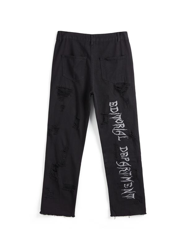 Men's Letter Embroidery Ripped Loose Jeans Product Image