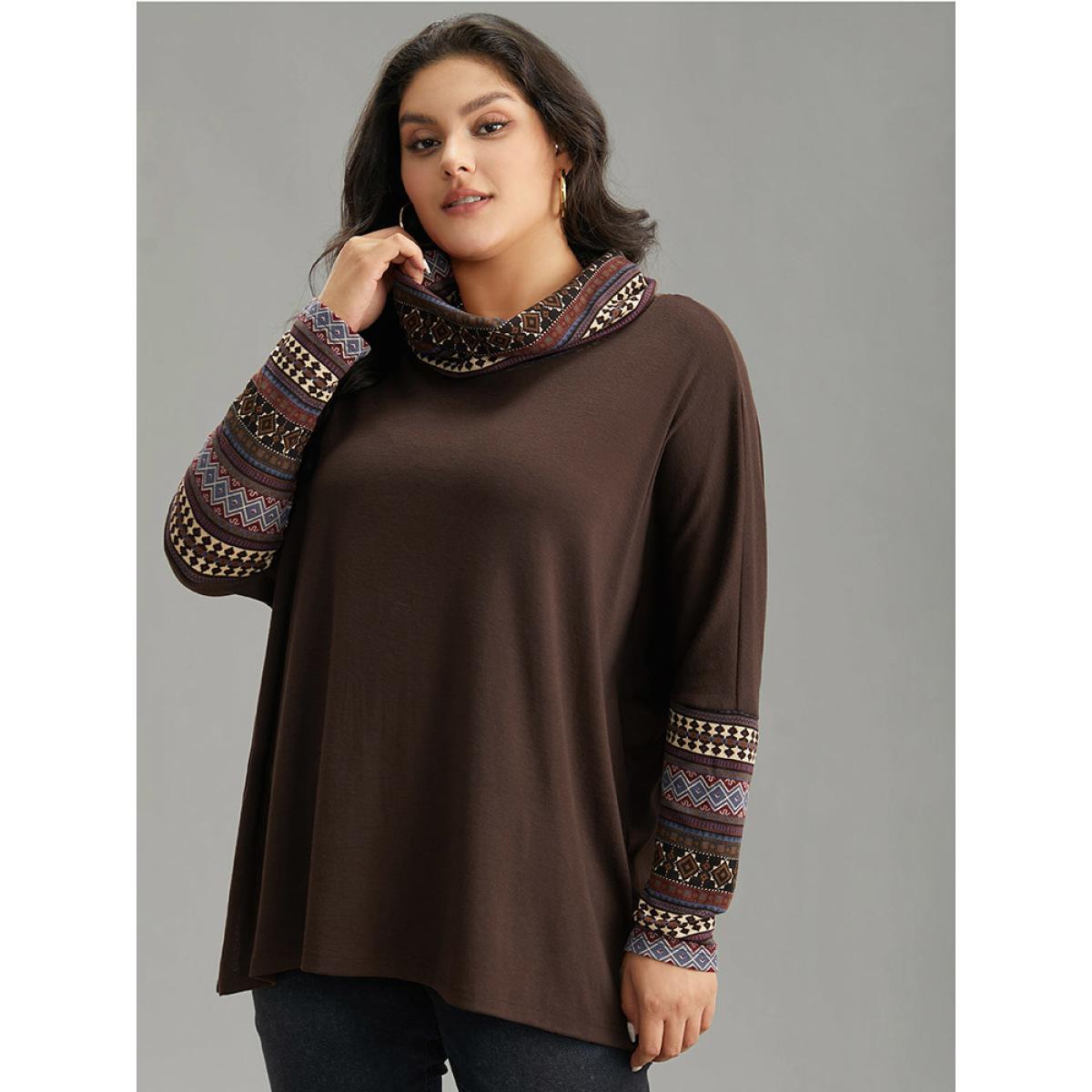 Plus Size Bandana Print Patchwork Turtle Neck T-shirt DarkBrown Women Casual Printed Bohemian Print Turtleneck Dailywear T-shirts BloomChic 26/4X Product Image