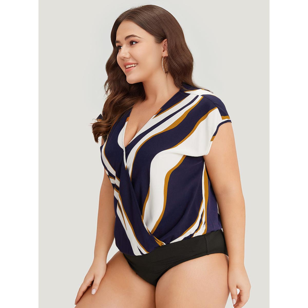 Plus Size Water Ripple Surplice Neck Dolman Sleeve Bodysuit Women Multicolor Water Ripple Wrap Bodysuits BloomChic 22-24/3X Product Image