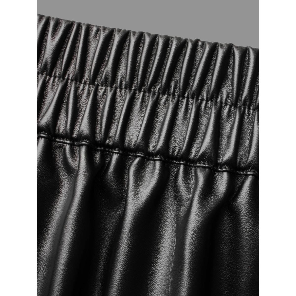 Plus Size PU Leather Elastic Waist Split Hem Skirt Women Black Elegant Slit Low stretch Slanted pocket Everyday Skirts BloomChic 28/5X Product Image