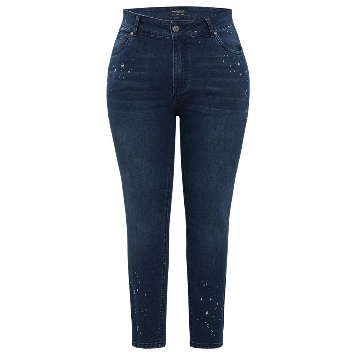 Plus Size Very Stretchy High Rise Dark Wash Paint Jeans Women DarkBlue Casual Plain High stretch Pocket Jeans BloomChic 24/3X Product Image