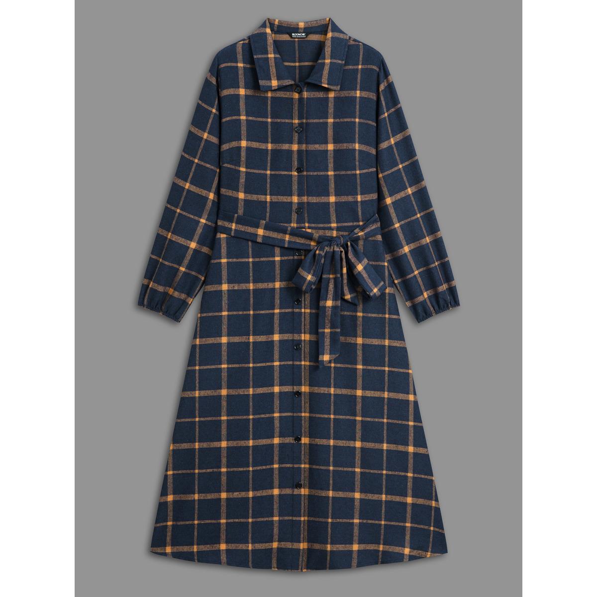 Plus Size Plaid Button Through Belted Dress DarkBlue Women Casual Belted Shirt collar Long Sleeve Curvy BloomChic 14-16/1X Product Image