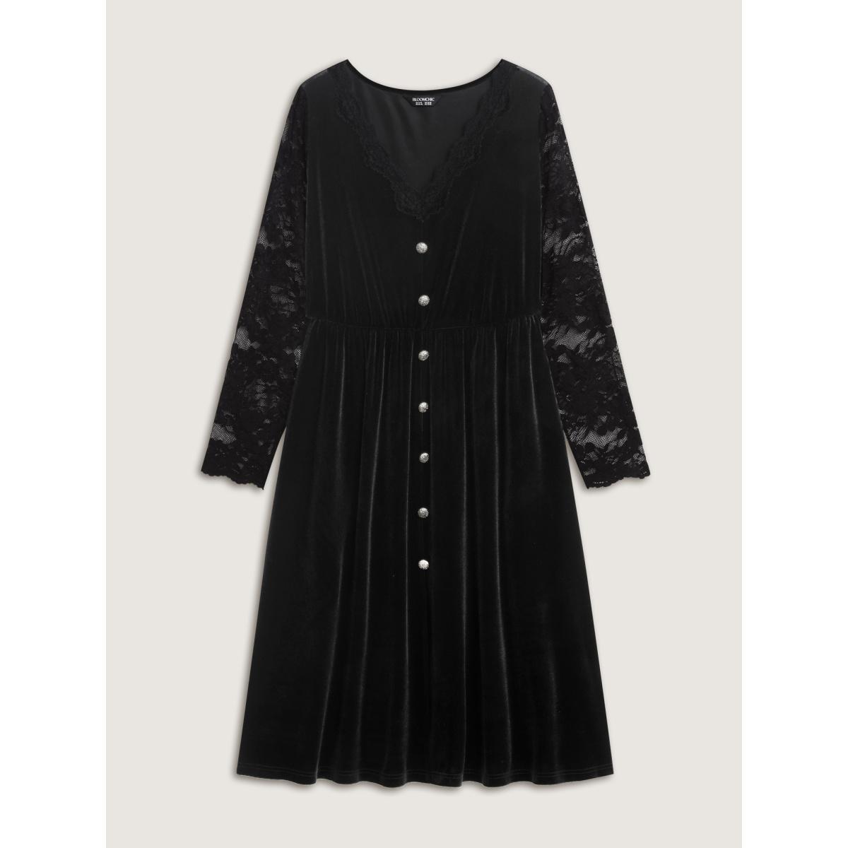 Plus Size Velvet Sheer Floral Lace Midi Dress Black Women Romantic Patchwork Deep V-neck Long Sleeve Curvy BloomChic 28/5X Product Image