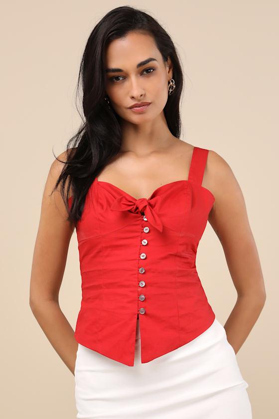 Earlene Red Tie-Front Button-Up Tank Top Product Image