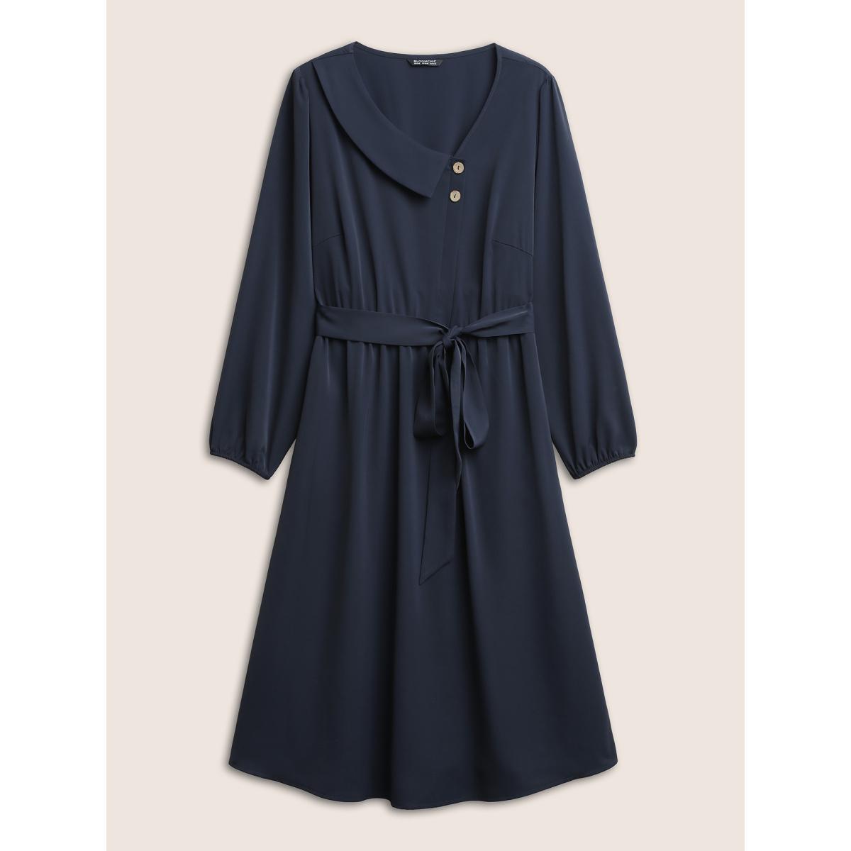 Plus Size Anti-Wrinkle Asymmetrical Neck Button Detail Dress Indigo Women At the Office Non Asymmetrical Neck Long Sleeve Curvy Midi Dress BloomChic 14-16/1X Product Image