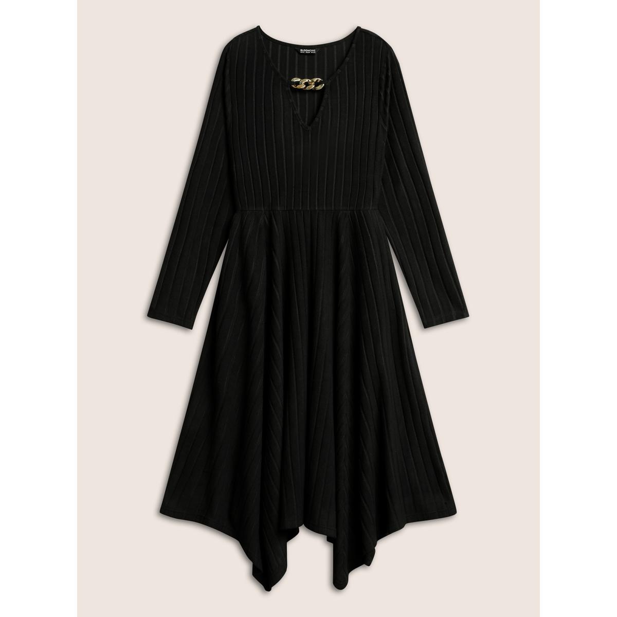 Plus Size Rib Knit Metal Chain Detail Keyhole Hanky Hem Dress Black Women Elegant Texture Keyhole Cut-Out Long Sleeve Curvy Midi Dress BloomChic 12/L Product Image