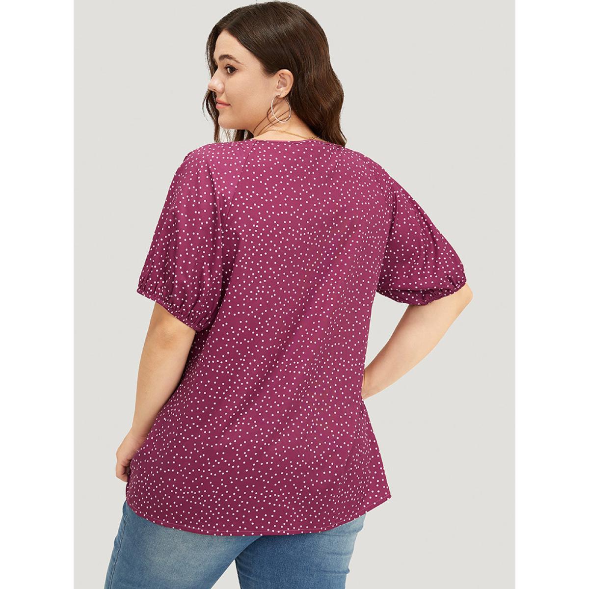 Plus Size RedViolet Polka Dot Pleated Round Neck Puff Sleeve Blouse Women Office Short sleeve Round Neck Work Blouses BloomChic 28/5X Product Image