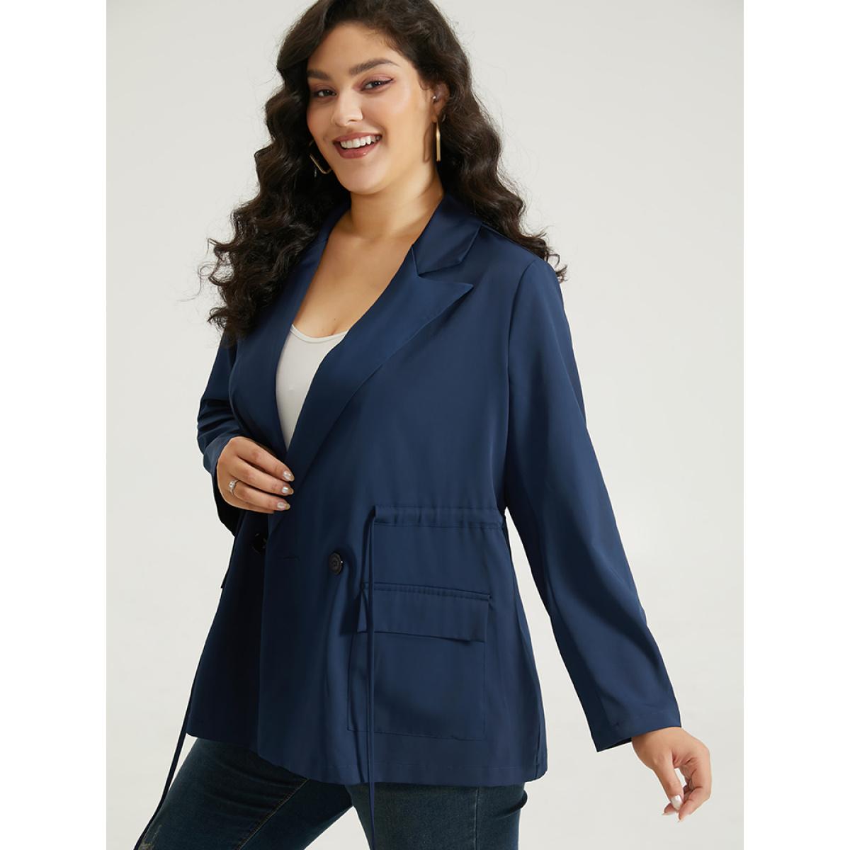 Plus Size Button Up Drawstring Pocket Blazer Indigo Women Office Plain Plain Sleeve Long Sleeve Lapel Collar 26/4X Pocket At the Office Blazers BloomChic Product Image