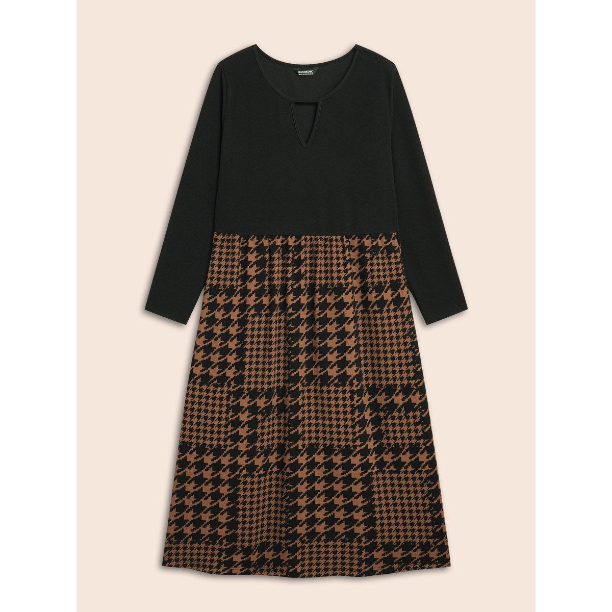 Plus Size Houndstooth Patchwork Cut Out Midi Dress Browncoffeecolor Women At the Office Patchwork Round Neck Long Sleeve Curvy BloomChic 14-16/1X Product Image