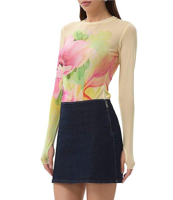 AFRM Kaylee Floral Print Crew Neck Long Sleeve Mesh Top Product Image