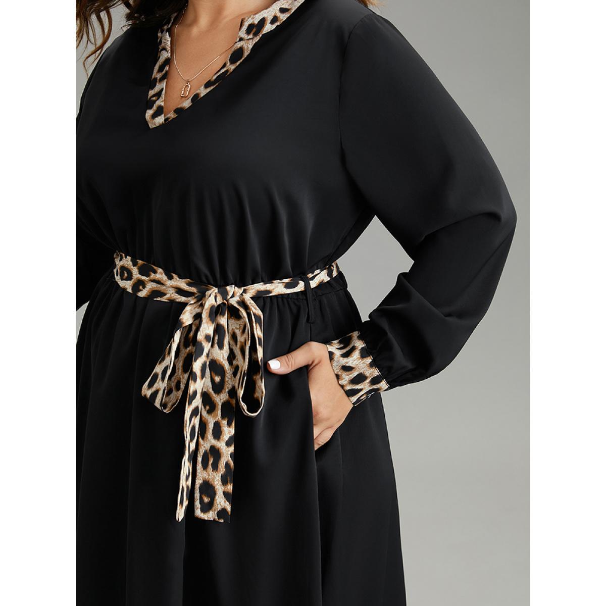 Plus Size Leopard Patchwork Pocket Belted Notched Dress Black Women Office Patchwork Notched collar Long Sleeve Curvy Midi Dress BloomChic 18-20/2X Product Image
