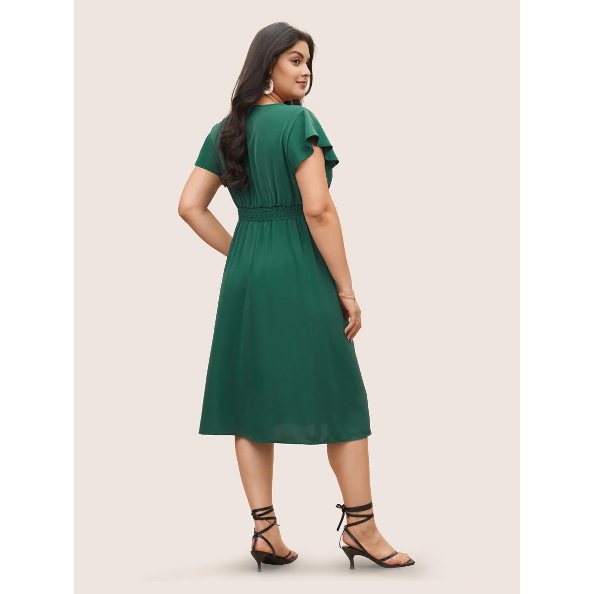 Plus Size Overlap Collar Ruffle Cap Sleeve Gathered Dress Emerald Women Elegant Non Overlap Collar Cap Sleeve Curvy Midi Dress BloomChic 14-16/1X Product Image