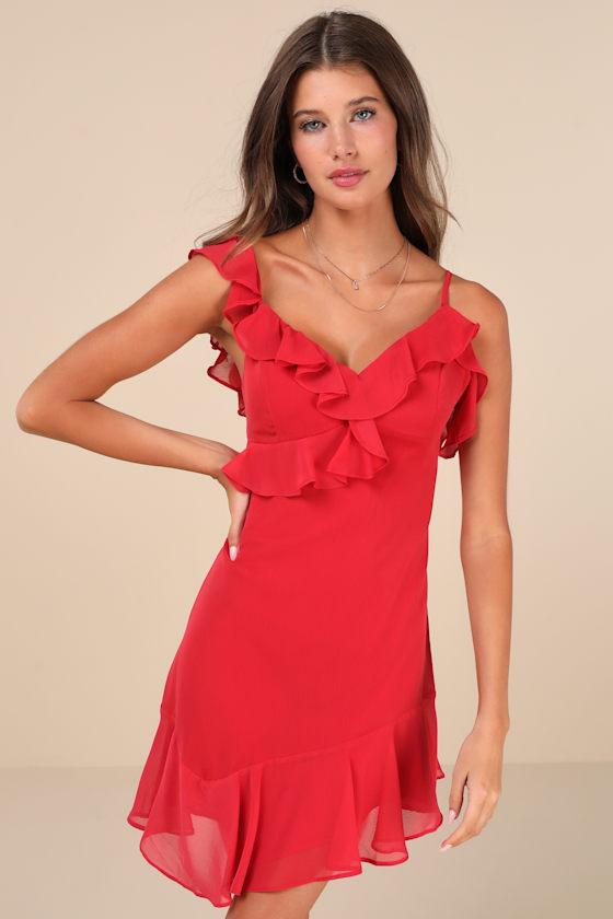 Captivating Always Red Ruffled Asymmetrical Mini Dress Product Image