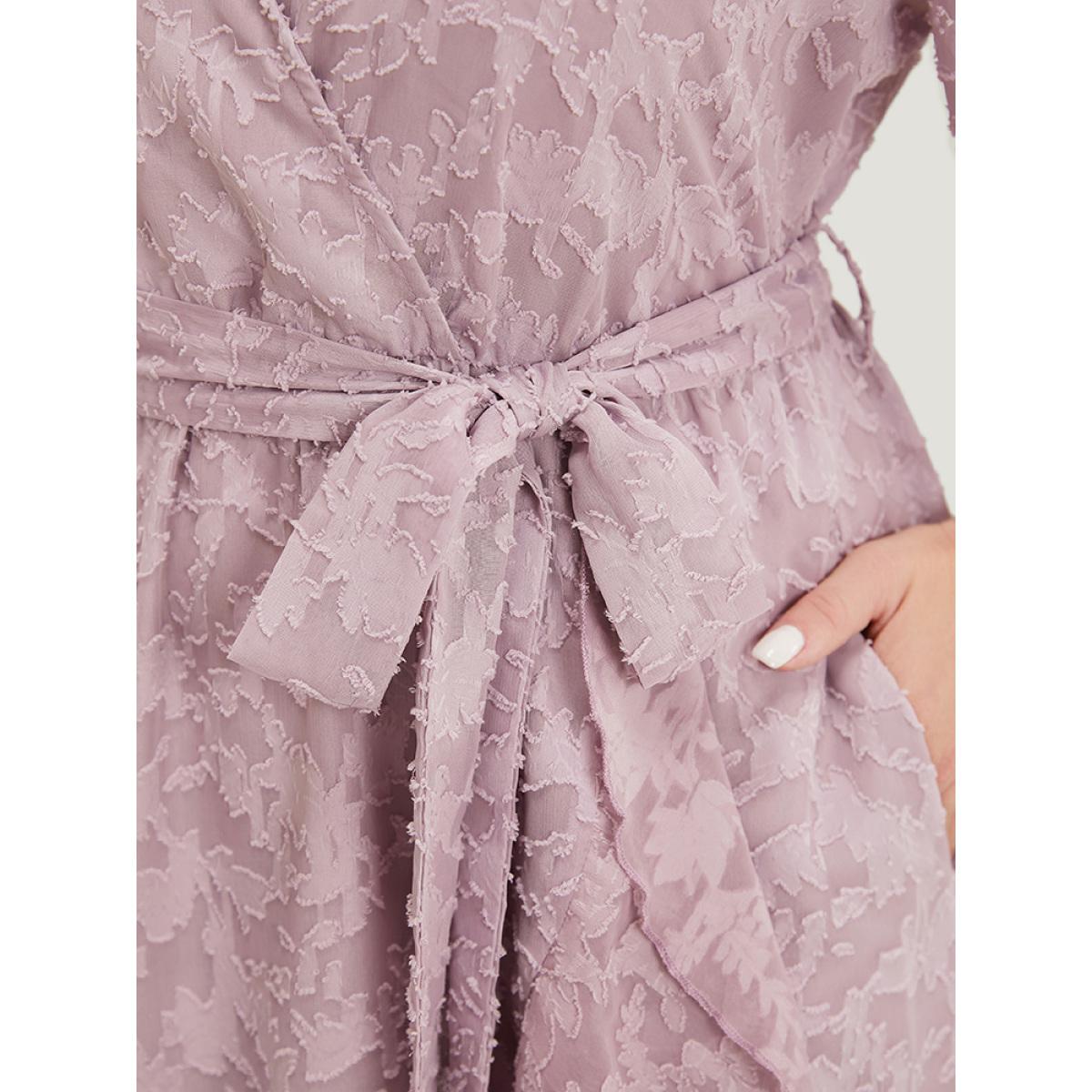 Plus Size Plain Floral Pocket Belted Mesh Ruffle Trim Wrap Midi Dress Lilac Women Glamour Lined V-neck Short sleeve Curvy Midi Dress BloomChic 30/6X Product Image