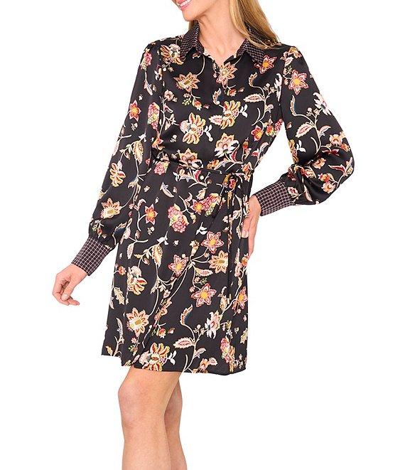 CeCe Woven Paisley Print Point Collar Long Sleeve Mini Shirt Dress Product Image