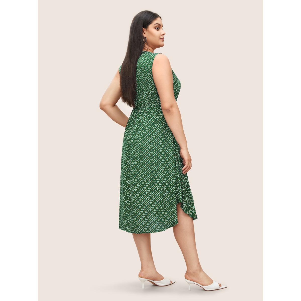Plus Size Geometric Half Zip Drawstring Arc Hem Dress Teal Women At the Office Drawstring Flat collar with V-notch Sleeveless Curvy BloomChic 30/6X Product Image