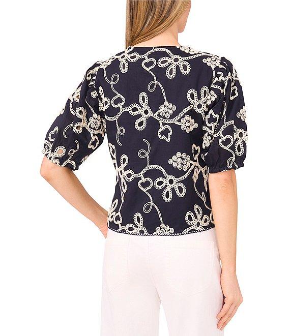 CeCe V-Neck Short Puff Sleeve Embroidered Tie Front Top Product Image