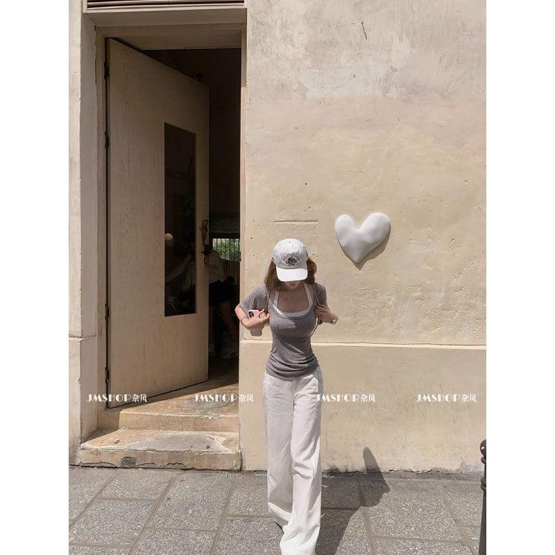 Short Sleeve Scoop Neck Plain T-Shirt / Halter Plain Bra Top / High Waist Mini Pencil Skirt / Set Product Image