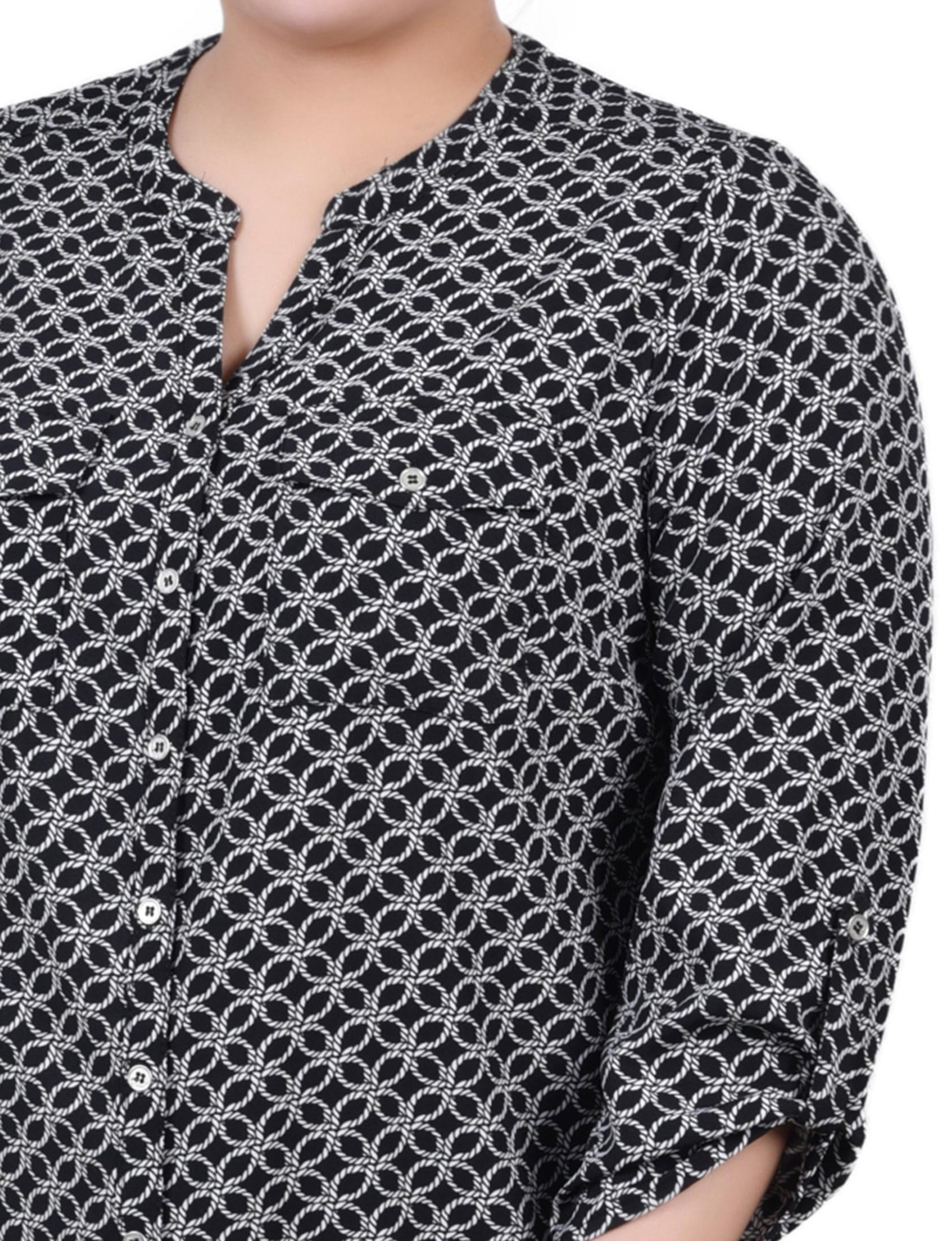 Black White Rope Iconic 3/4 Roll Tab Sleeve Mandarin Collar Blouse - Plus Size Product Image