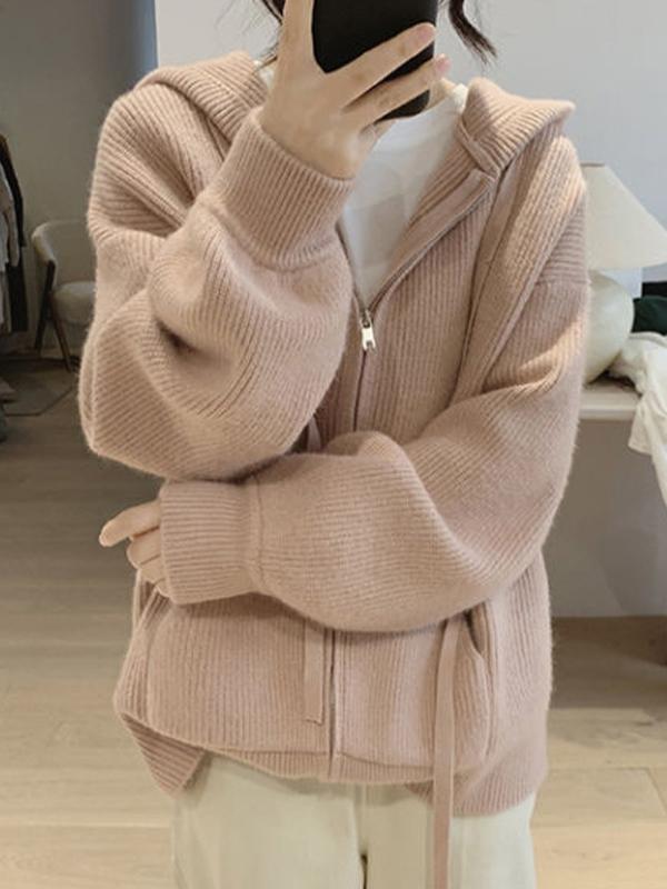 Solid Hooded Zip Up Knit Cardigan Product Image