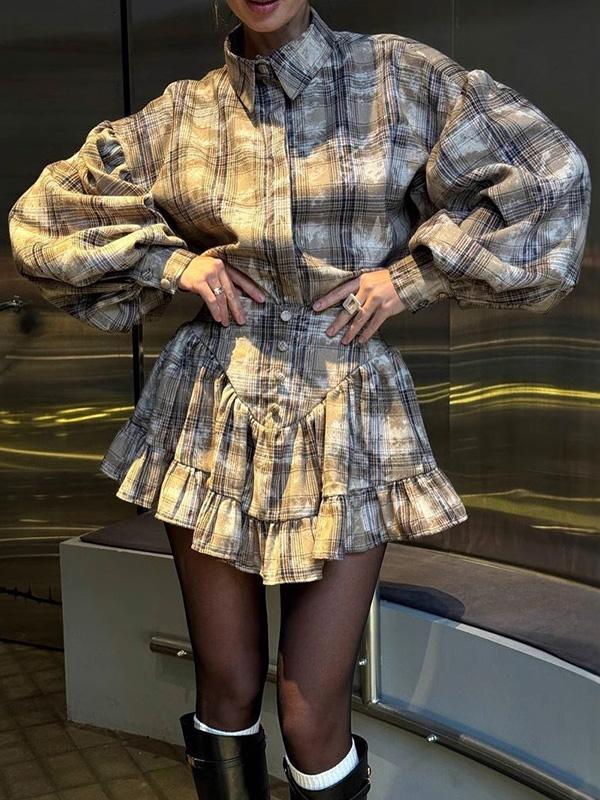 Loose Plaid Puff Sleeves Split-Joint Lapel Blouse + Pleated Ruffled Miniskirts Two Pieces Set Product Image