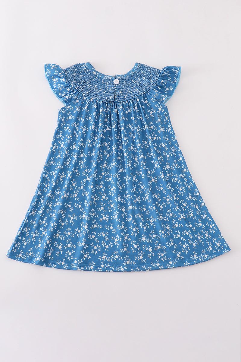 Blue floral print smocked dress Product Image