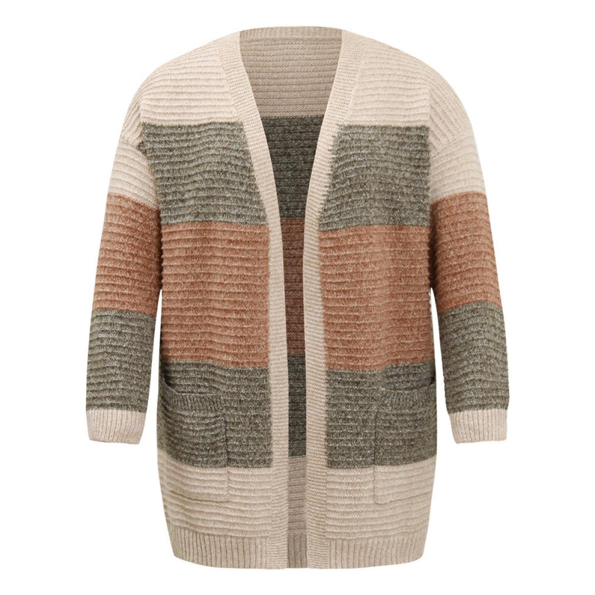 Plus Size Plisse Colorblock Patched Pocket Open Front Cardigan Multicolor Women Casual Loose Long Sleeve Dailywear Cardigans BloomChic 10/M Product Image