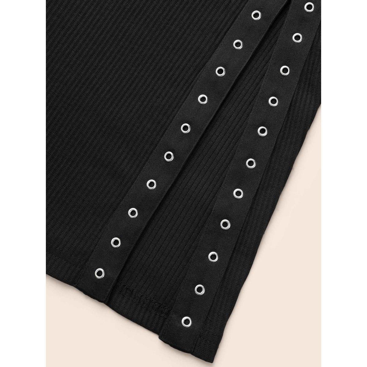 Plus Size Crew Neck Eyelet Split Hem Dress Black Women Casual Eyelet Round Neck Long Sleeve Curvy BloomChic 14-16/1X Product Image