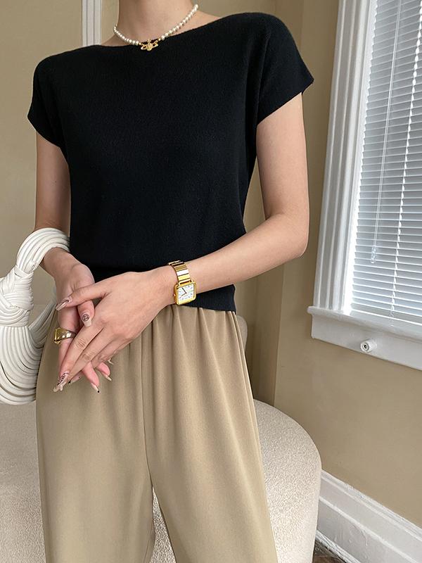 Stylish Loose Solid Color Boat Neck Knitwear Pullovers Tops Product Image