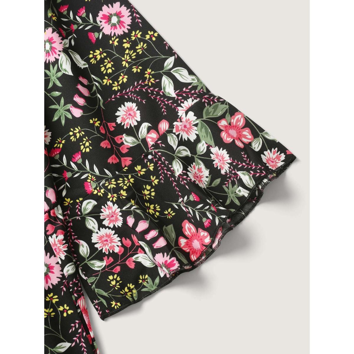 Plus Size Floral Ruffled Square Neck Midi Dress Black Women Romantic Ruffles Square Neck Elbow-length sleeve Curvy BloomChic 10/M Product Image