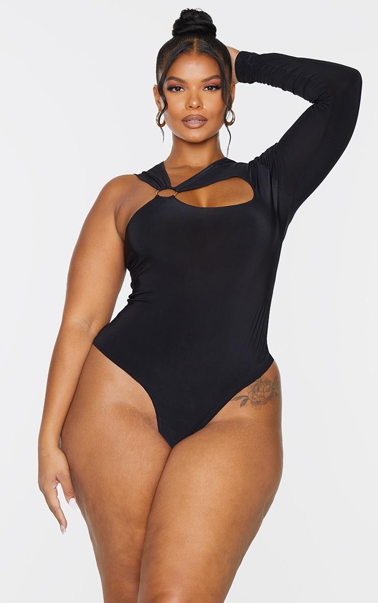 Plus Black Cut Out Ring Detail Long Sleeve Bodysuit Product Image