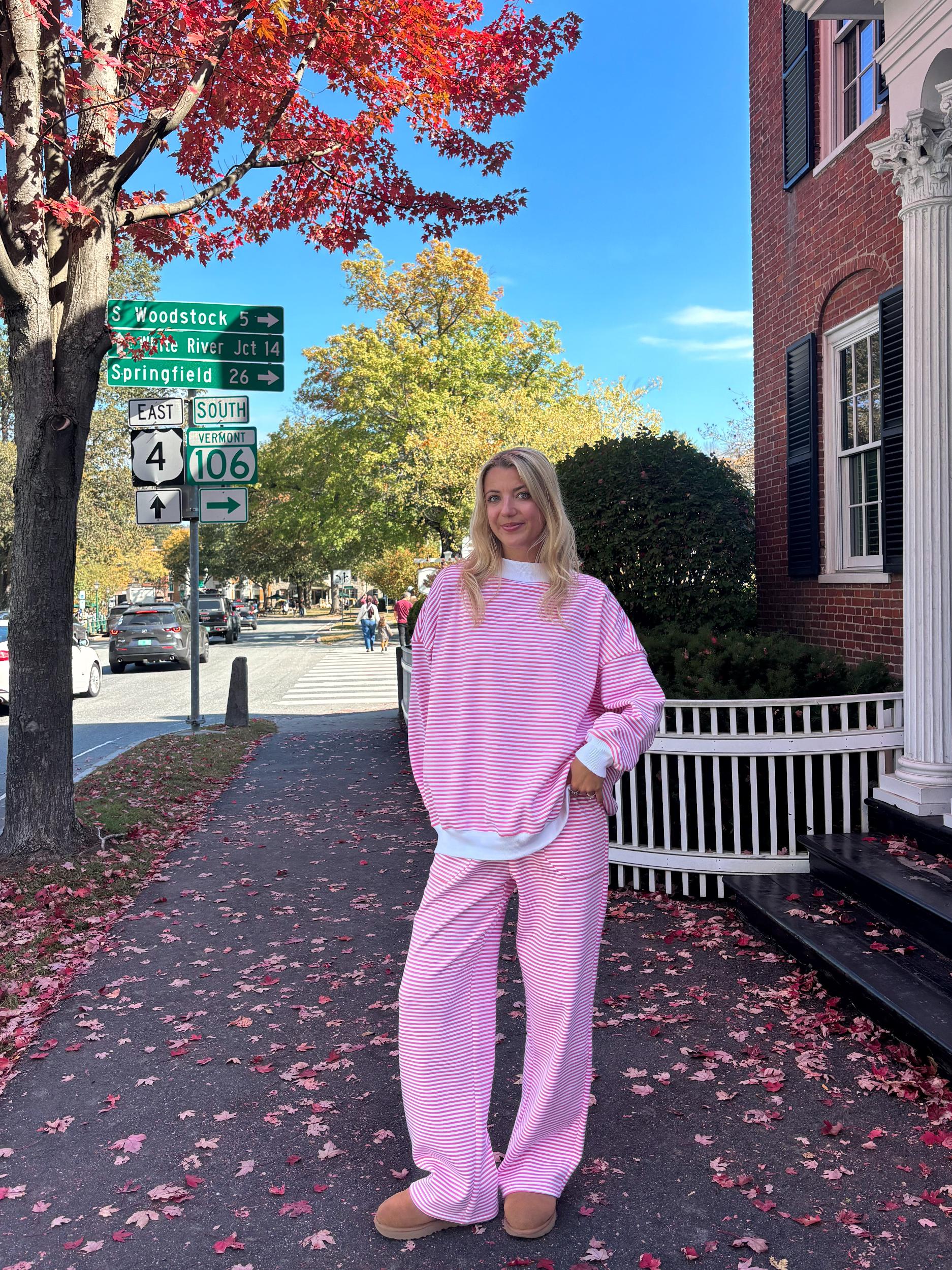 Dark Pink and White Big Striped Mockneck Sweatshirt Product Image
