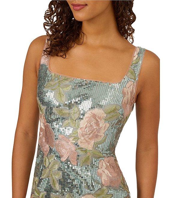 Adrianna Papell Sequin Embroidery Floral Print Square Neck Sleeveless Sheath Dress Product Image
