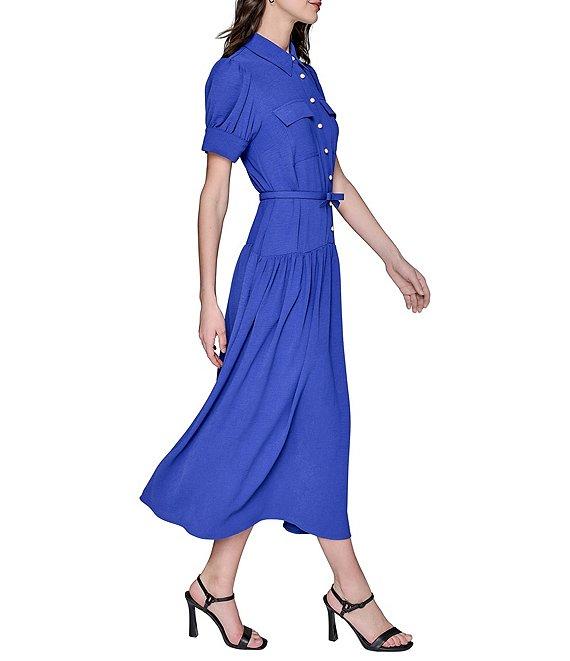 KARL LAGERFELD PARIS Short Sleeve Drop Waist Midi Shirt Dress Product Image