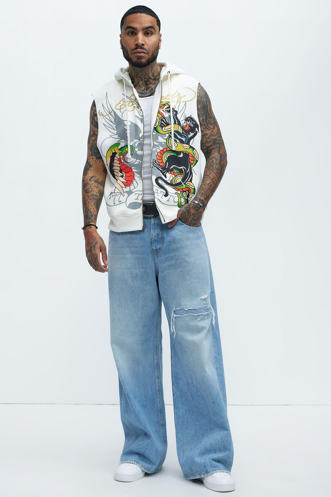 Ed Hardy Panther Snake Sleeveless Zip Up Hoodie - Ivory Product Image